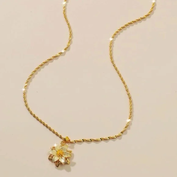Yellow Gold Color Flower Pendant Necklace - Picture 2 of 3